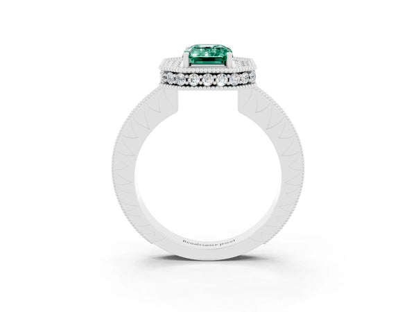 Platinum Emerald Cut Halo Diamond Engagement Ring with Milgrain Pave Band and Four-Prong Setting