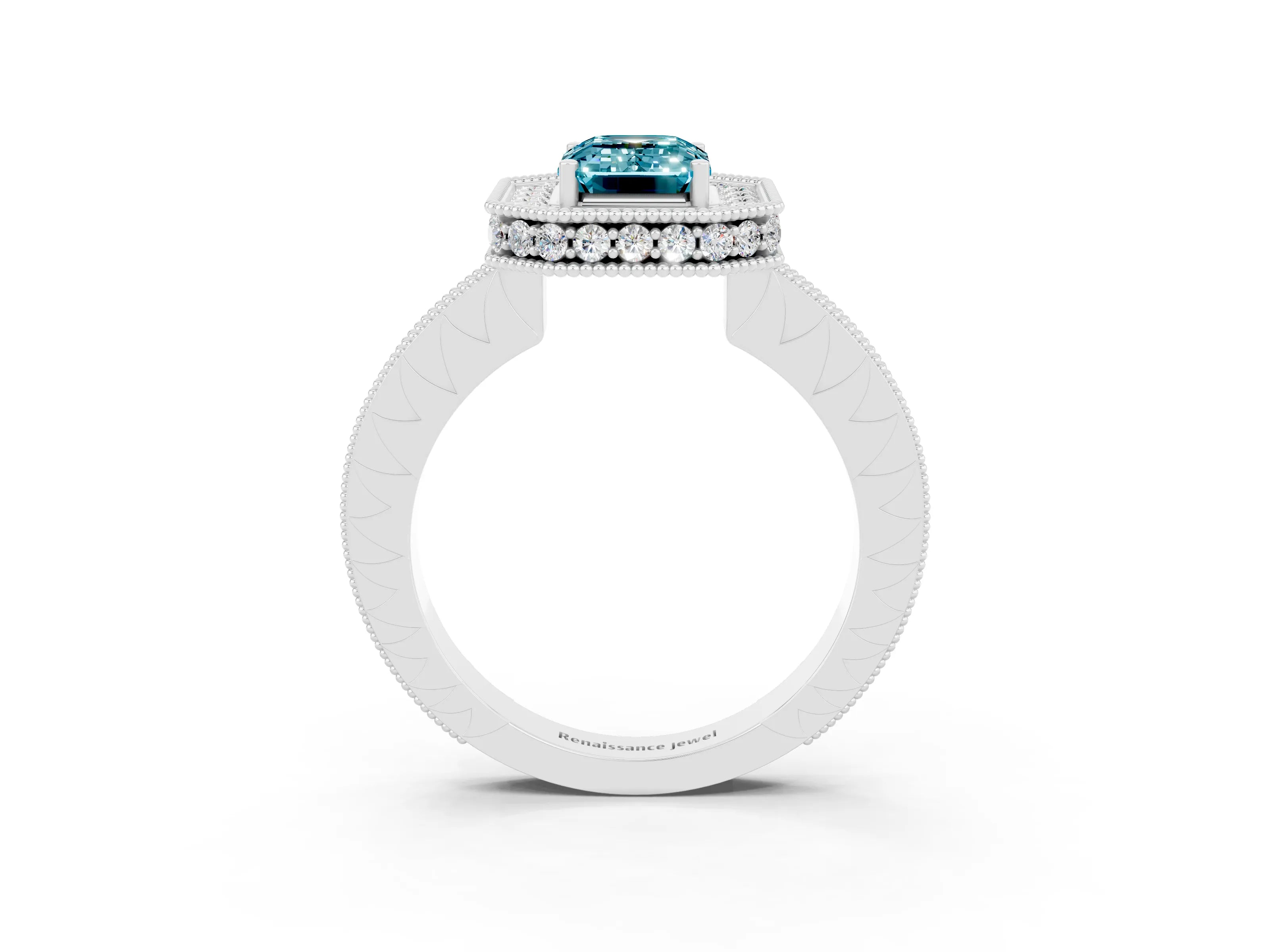 White gold Emerald Cut Halo Diamond Engagement Ring with Milgrain Pave Band and Four-Prong Setting_3