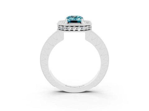 White gold Emerald Cut Halo Diamond Engagement Ring with Milgrain Pave Band and Four-Prong Setting_3