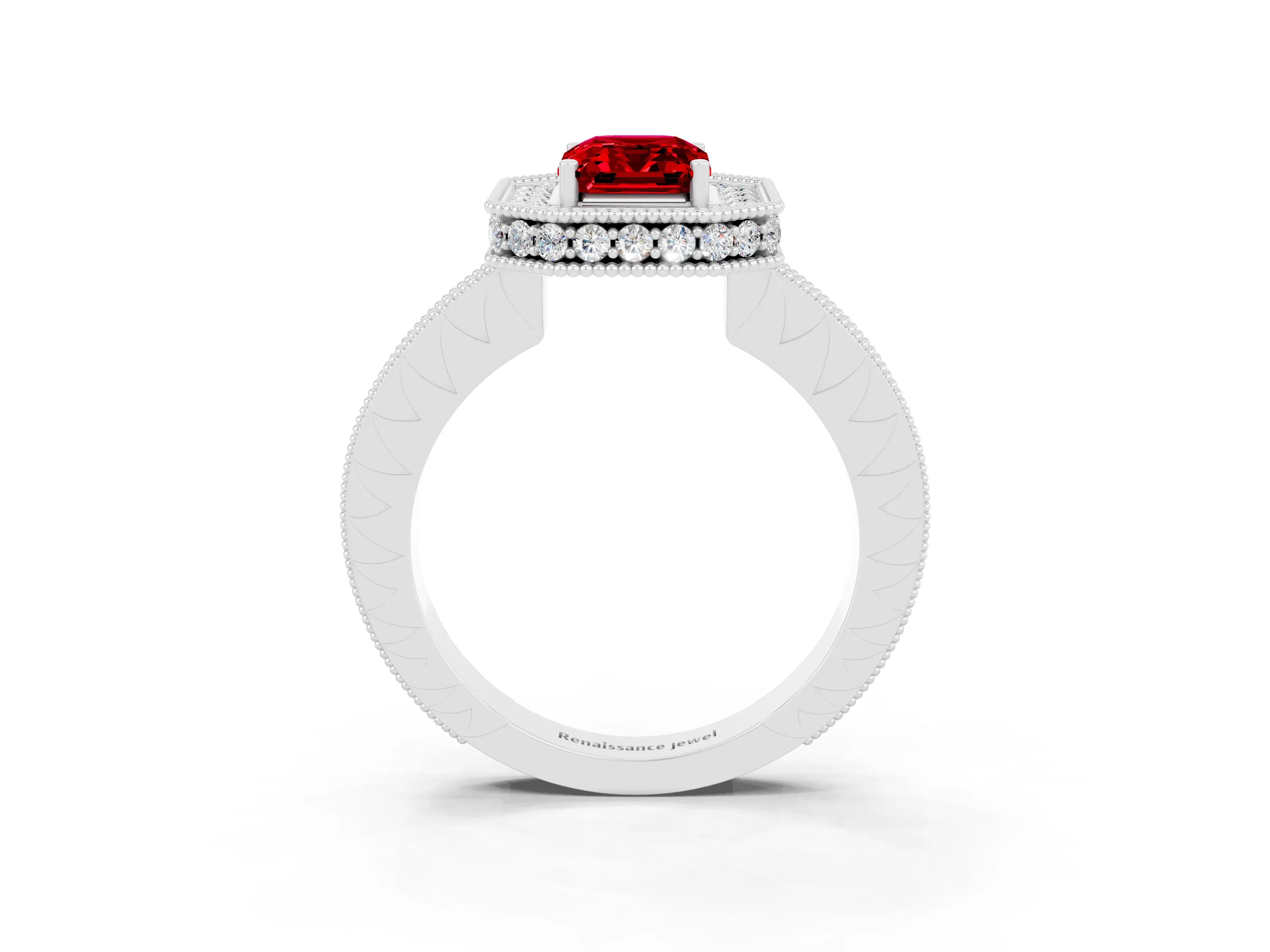 White gold Emerald Cut Halo Diamond Engagement Ring with Milgrain Pave Band and Four-Prong Setting_3
