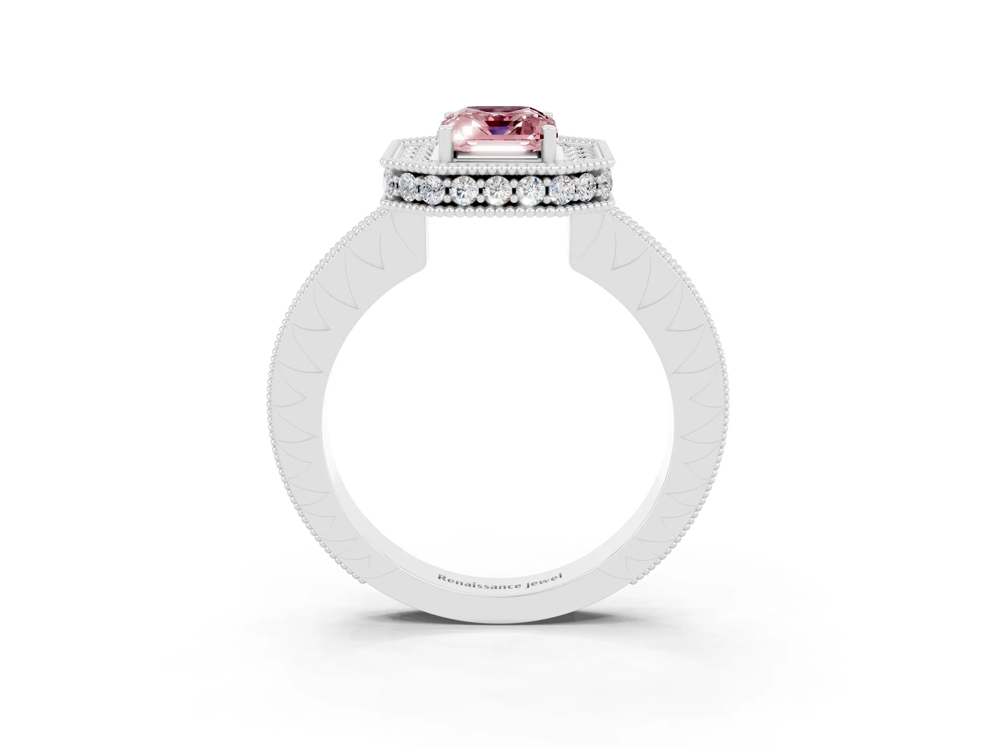 White gold Emerald Cut Halo Diamond Engagement Ring with Milgrain Pave Band and Four-Prong Setting_3