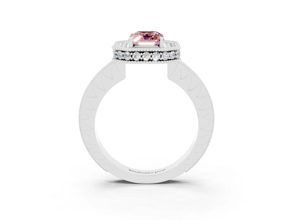Silver Emerald Cut Halo Diamond Engagement Ring with Milgrain Pave Band and Four-Prong Setting