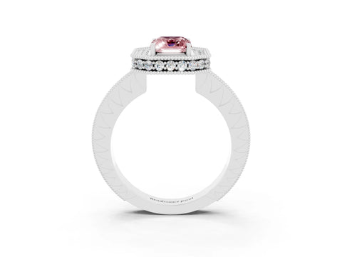 White gold Emerald Cut Halo Diamond Engagement Ring with Milgrain Pave Band and Four-Prong Setting_3