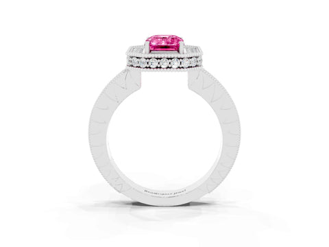 White gold Emerald Cut Halo Diamond Engagement Ring with Milgrain Pave Band and Four-Prong Setting_3