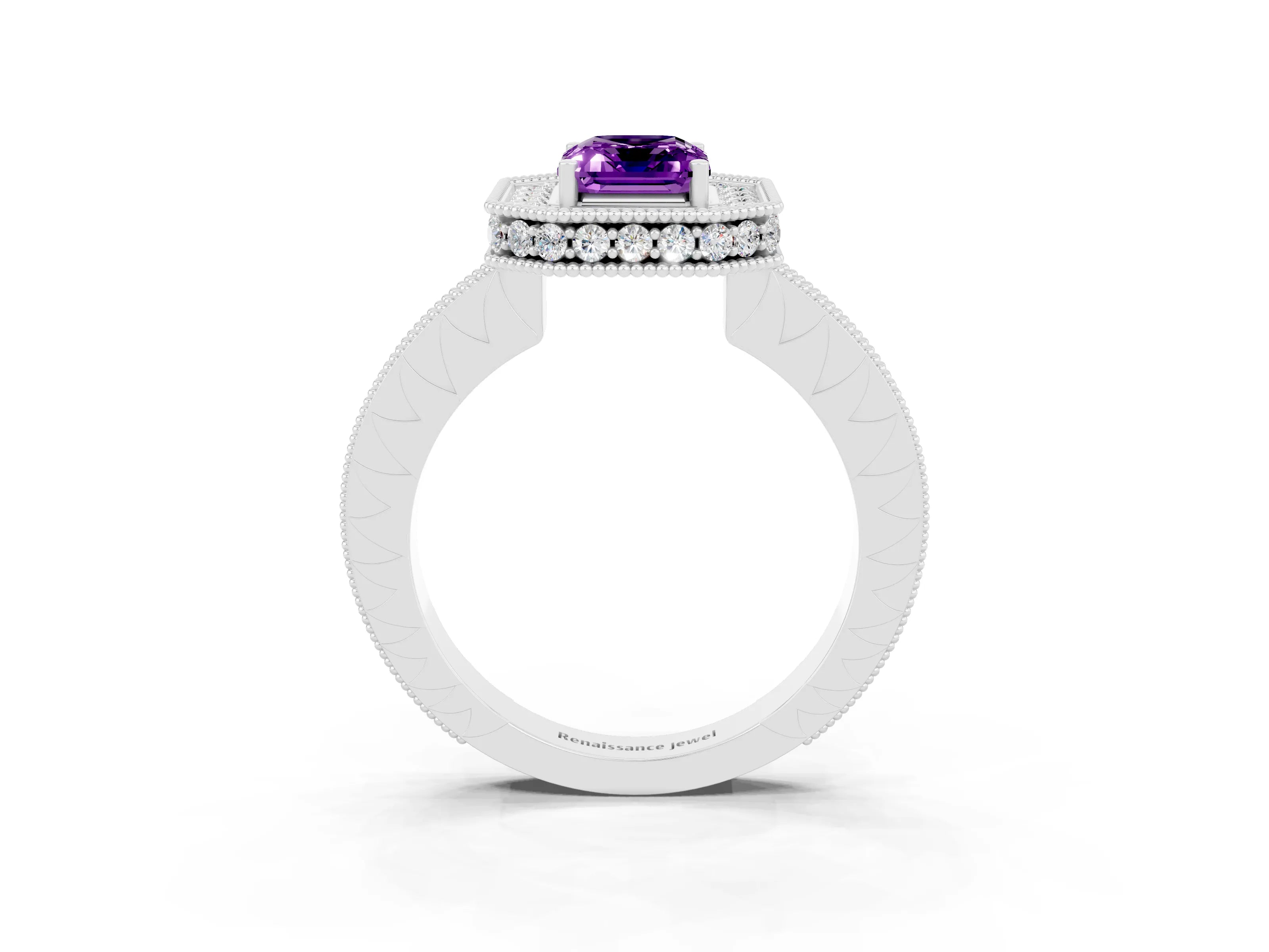 White gold Emerald Cut Halo Diamond Engagement Ring with Milgrain Pave Band and Four-Prong Setting_3