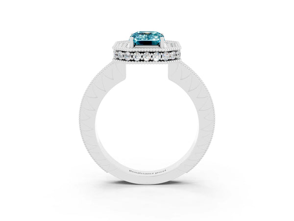 White gold Emerald Cut Halo Diamond Engagement Ring with Milgrain Pave Band and Four-Prong Setting