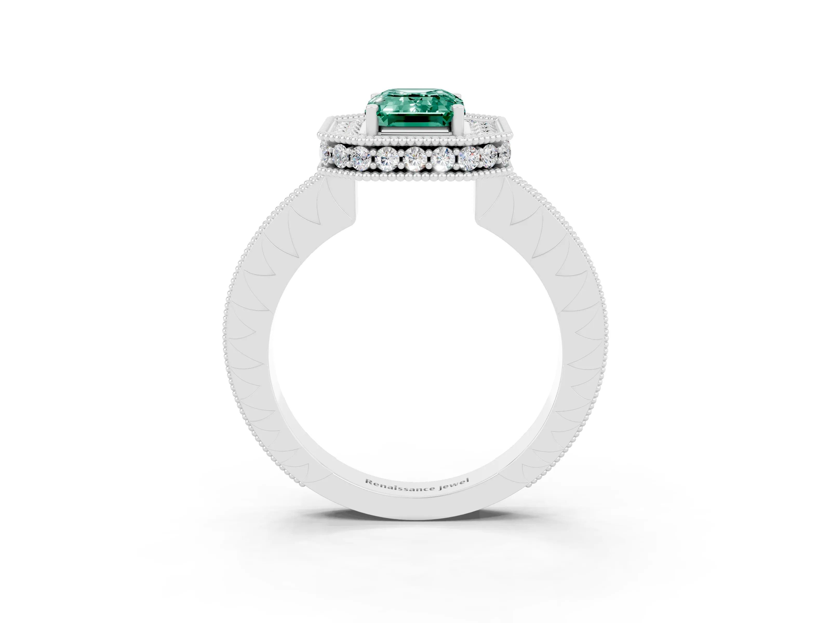 White gold Emerald Cut Halo Diamond Engagement Ring with Milgrain Pave Band and Four-Prong Setting_3