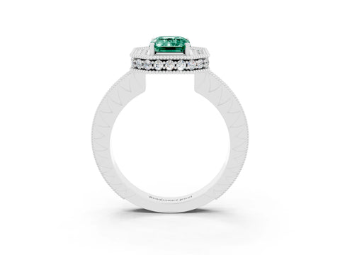 White gold Emerald Cut Halo Diamond Engagement Ring with Milgrain Pave Band and Four-Prong Setting_3