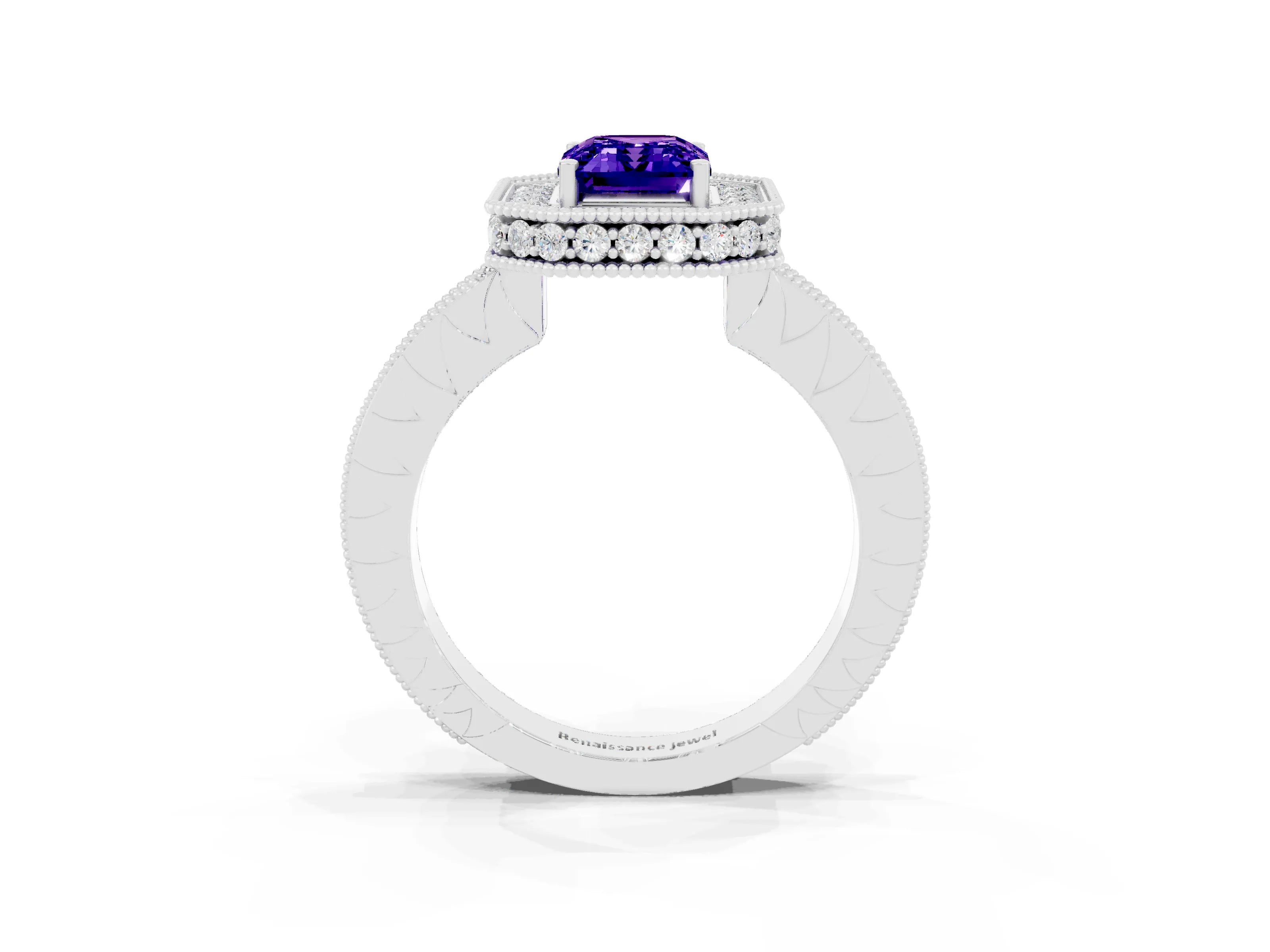 White gold Emerald Cut Halo Diamond Engagement Ring with Milgrain Pave Band and Four-Prong Setting_3