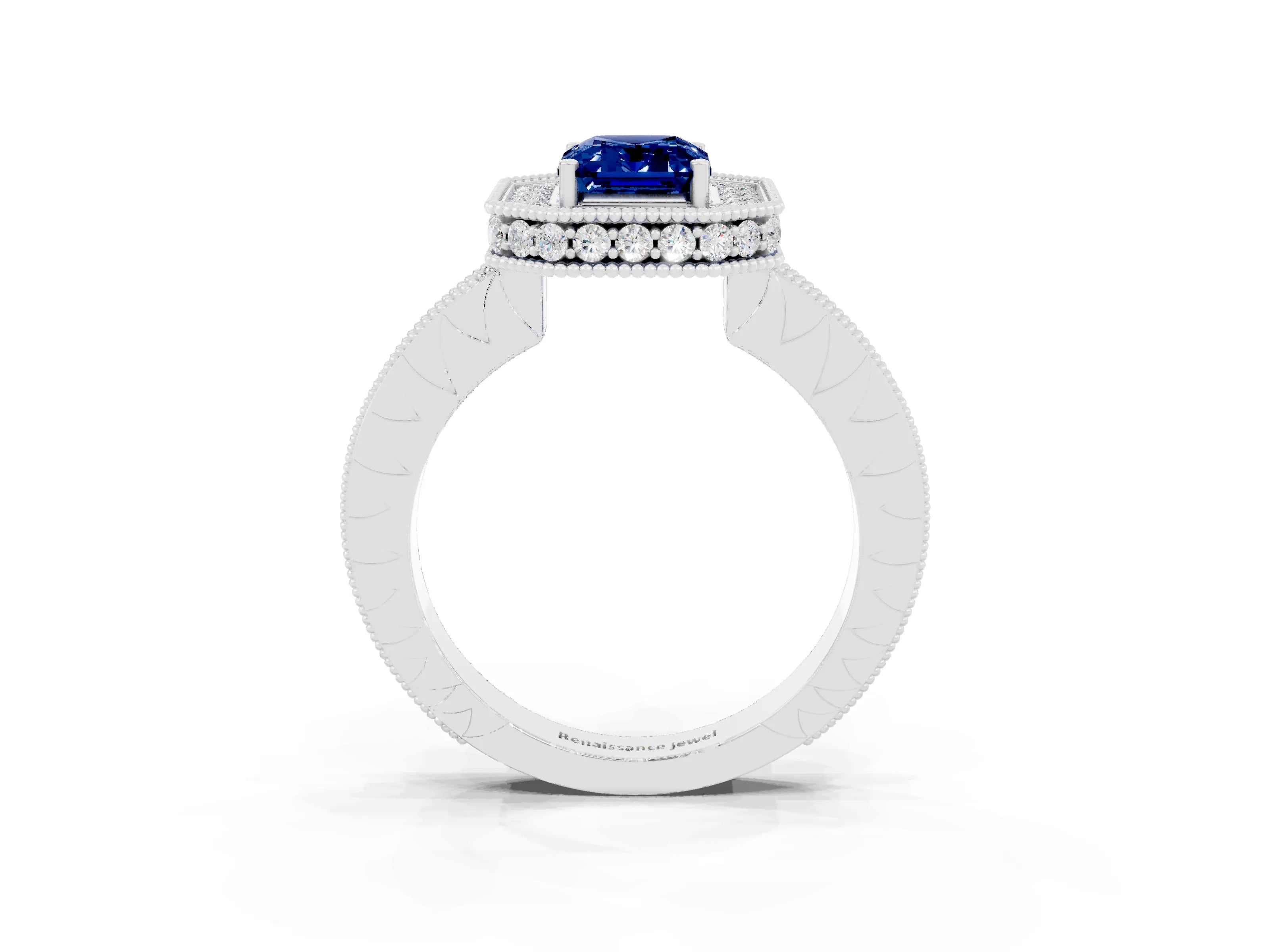 White gold Emerald Cut Halo Diamond Engagement Ring with Milgrain Pave Band and Four-Prong Setting_3