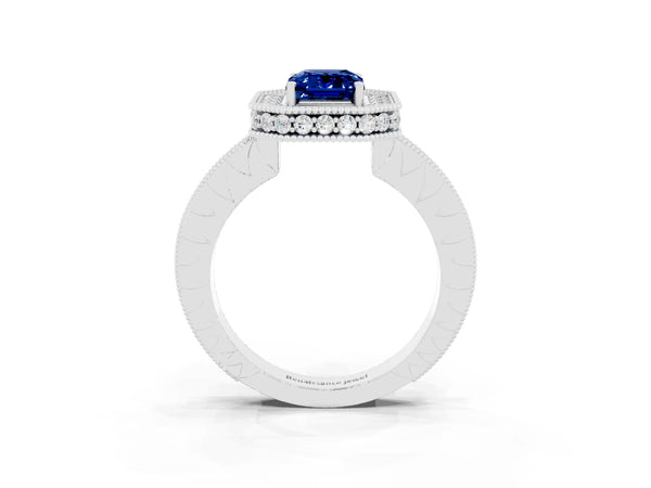 White gold Emerald Cut Halo Diamond Engagement Ring with Milgrain Pave Band and Four-Prong Setting