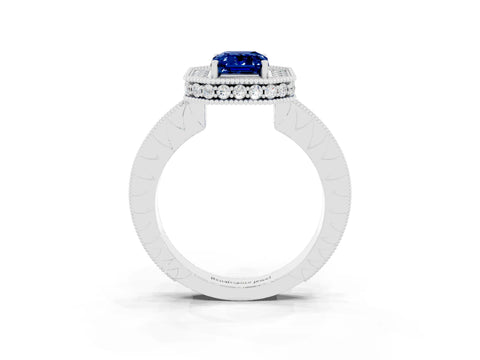White gold Emerald Cut Halo Diamond Engagement Ring with Milgrain Pave Band and Four-Prong Setting_3