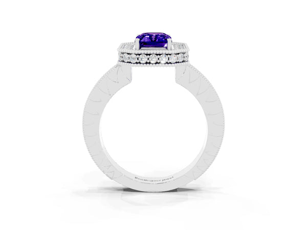 White gold Emerald Cut Halo Diamond Engagement Ring with Milgrain Pave Band and Four-Prong Setting