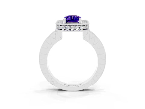 White gold Emerald Cut Halo Diamond Engagement Ring with Milgrain Pave Band and Four-Prong Setting_3