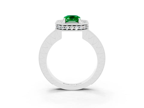 White gold Emerald Cut Halo Diamond Engagement Ring with Milgrain Pave Band and Four-Prong Setting_3