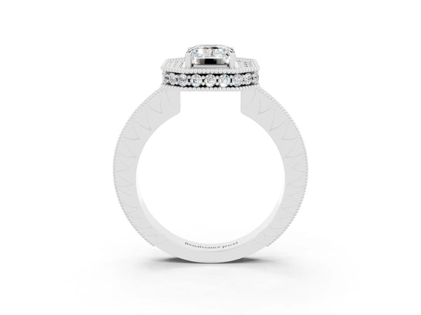 Platinum Emerald Cut Halo Diamond Engagement Ring with Milgrain Pave Band and Four-Prong Setting