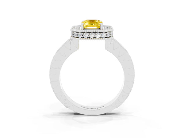 White gold Emerald Cut Halo Diamond Engagement Ring with Milgrain Pave Band and Four-Prong Setting