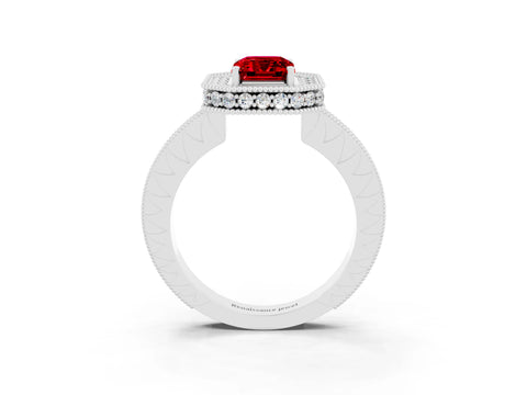 White gold Emerald Cut Halo Diamond Engagement Ring with Milgrain Pave Band and Four-Prong Setting_3
