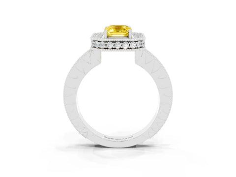 White gold Emerald Cut Halo Diamond Engagement Ring with Milgrain Pave Band and Four-Prong Setting_3