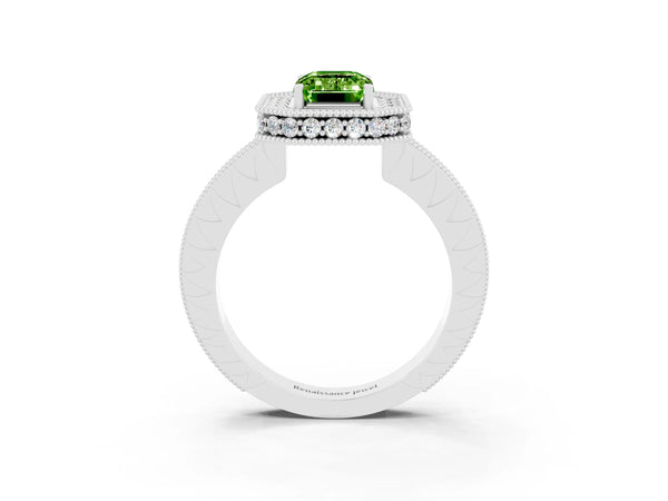 White gold Emerald Cut Halo Diamond Engagement Ring with Milgrain Pave Band and Four-Prong Setting