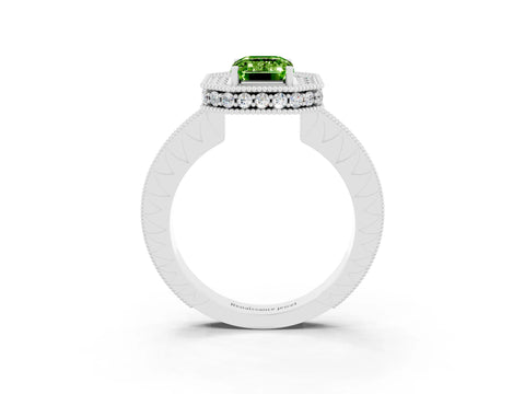 White gold Emerald Cut Halo Diamond Engagement Ring with Milgrain Pave Band and Four-Prong Setting_3