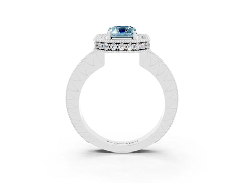White gold Emerald Cut Halo Diamond Engagement Ring with Milgrain Pave Band and Four-Prong Setting_3