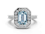 White gold Emerald Cut Halo Diamond Engagement Ring with Milgrain Pave Band and Four-Prong Setting