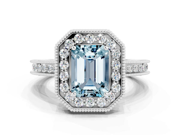 Silver Emerald Cut Halo Diamond Engagement Ring with Milgrain Pave Band and Four-Prong Setting