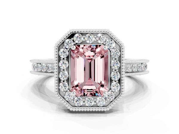 Silver Emerald Cut Halo Diamond Engagement Ring with Milgrain Pave Band and Four-Prong Setting
