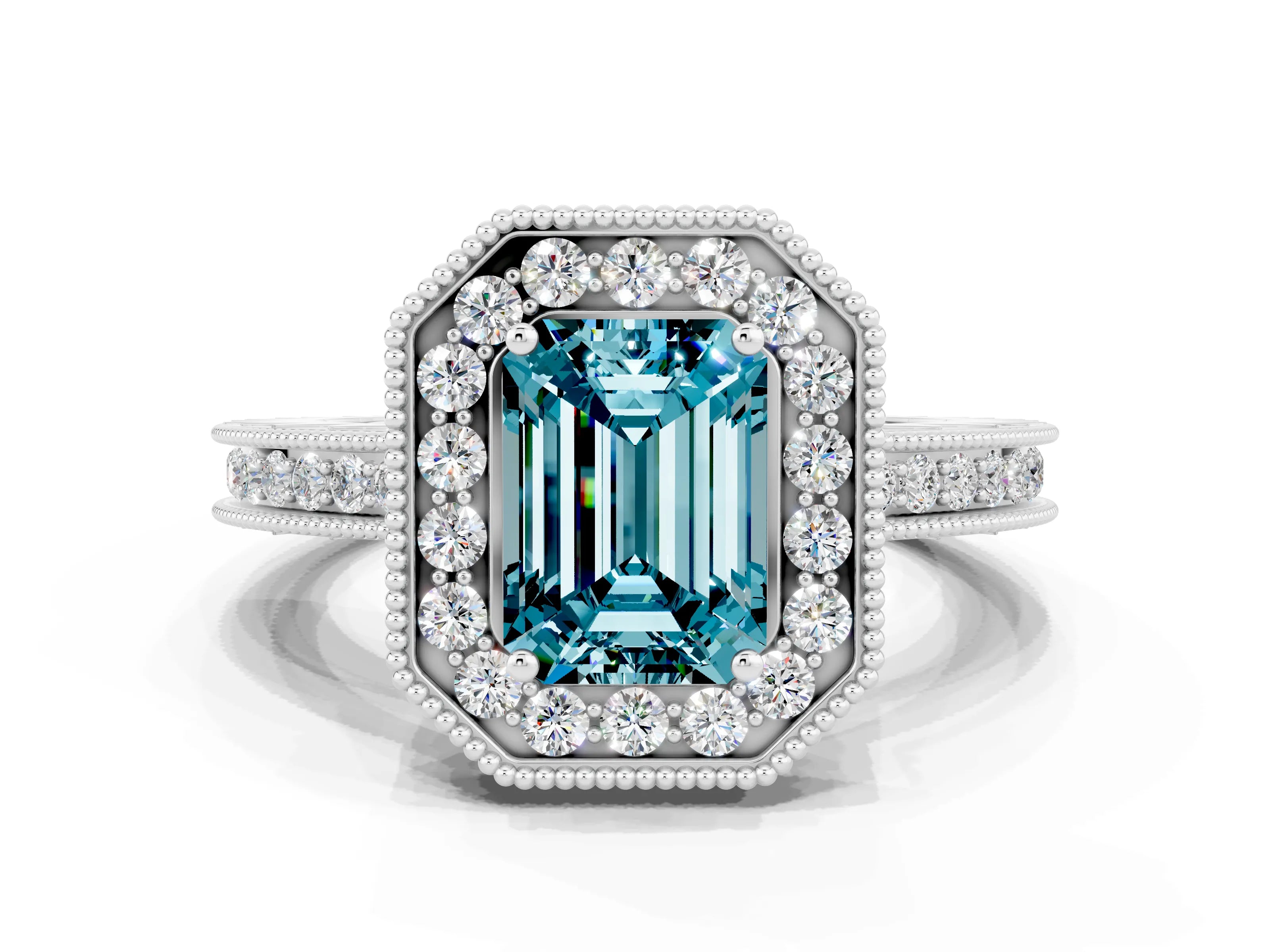 White gold Emerald Cut Halo Diamond Engagement Ring with Milgrain Pave Band and Four-Prong Setting