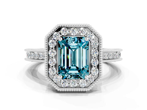 White gold Emerald Cut Halo Diamond Engagement Ring with Milgrain Pave Band and Four-Prong Setting