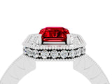 White gold Emerald Cut Halo Diamond Engagement Ring with Milgrain Pave Band and Four-Prong Setting_4