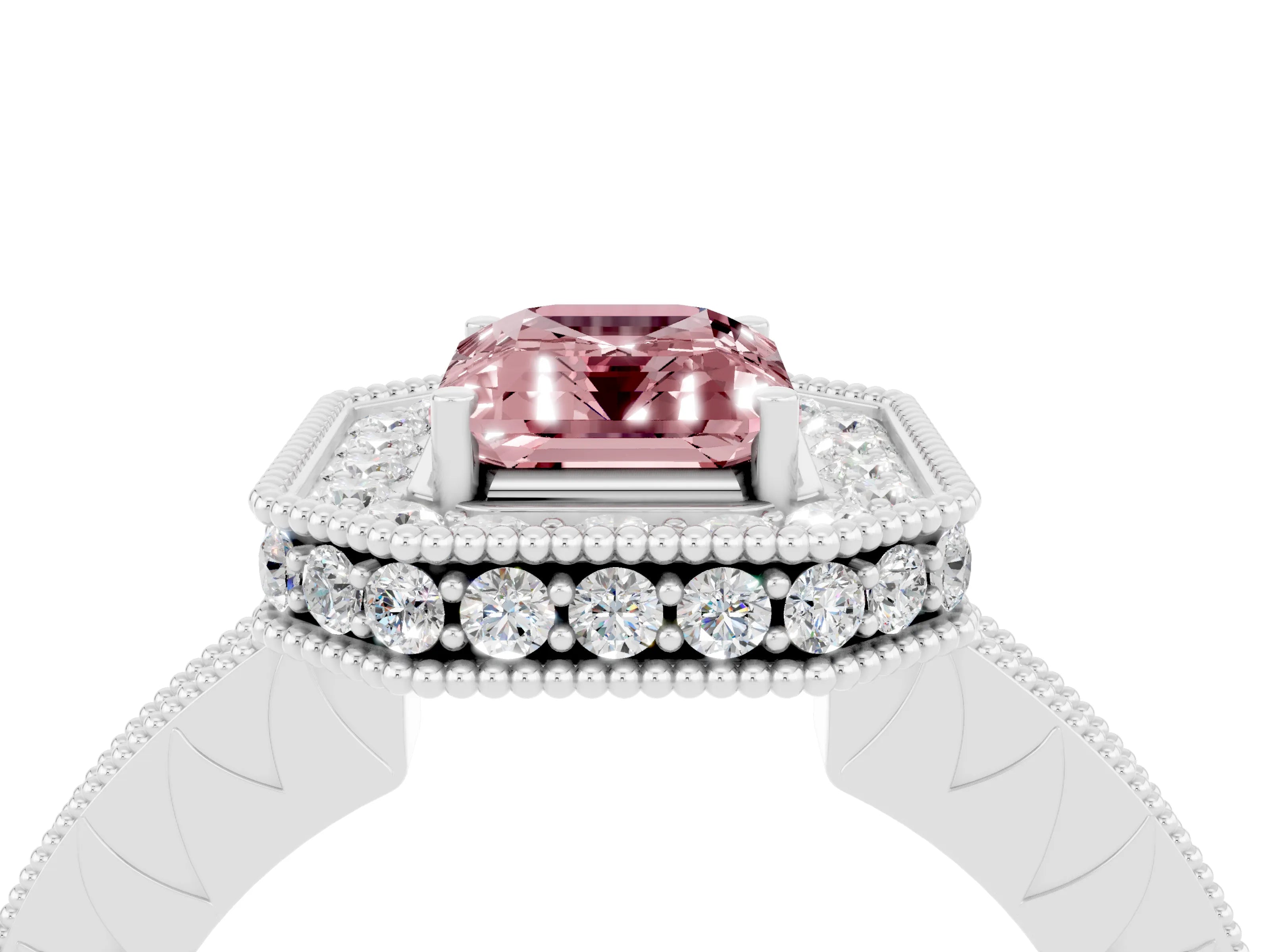 White gold Emerald Cut Halo Diamond Engagement Ring with Milgrain Pave Band and Four-Prong Setting_4