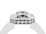White gold Emerald Cut Halo Diamond Engagement Ring with Milgrain Pave Band and Four-Prong Setting_4