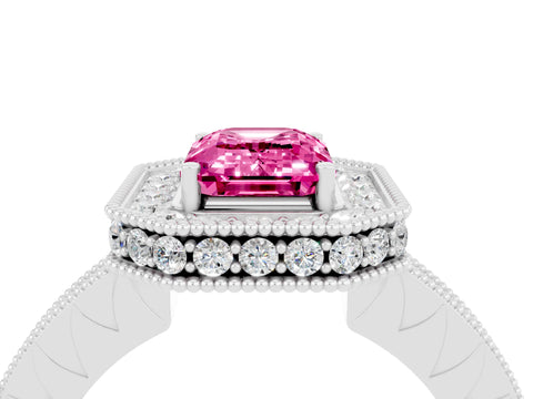 White gold Emerald Cut Halo Diamond Engagement Ring with Milgrain Pave Band and Four-Prong Setting_4