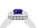 White gold Emerald Cut Halo Diamond Engagement Ring with Milgrain Pave Band and Four-Prong Setting_4