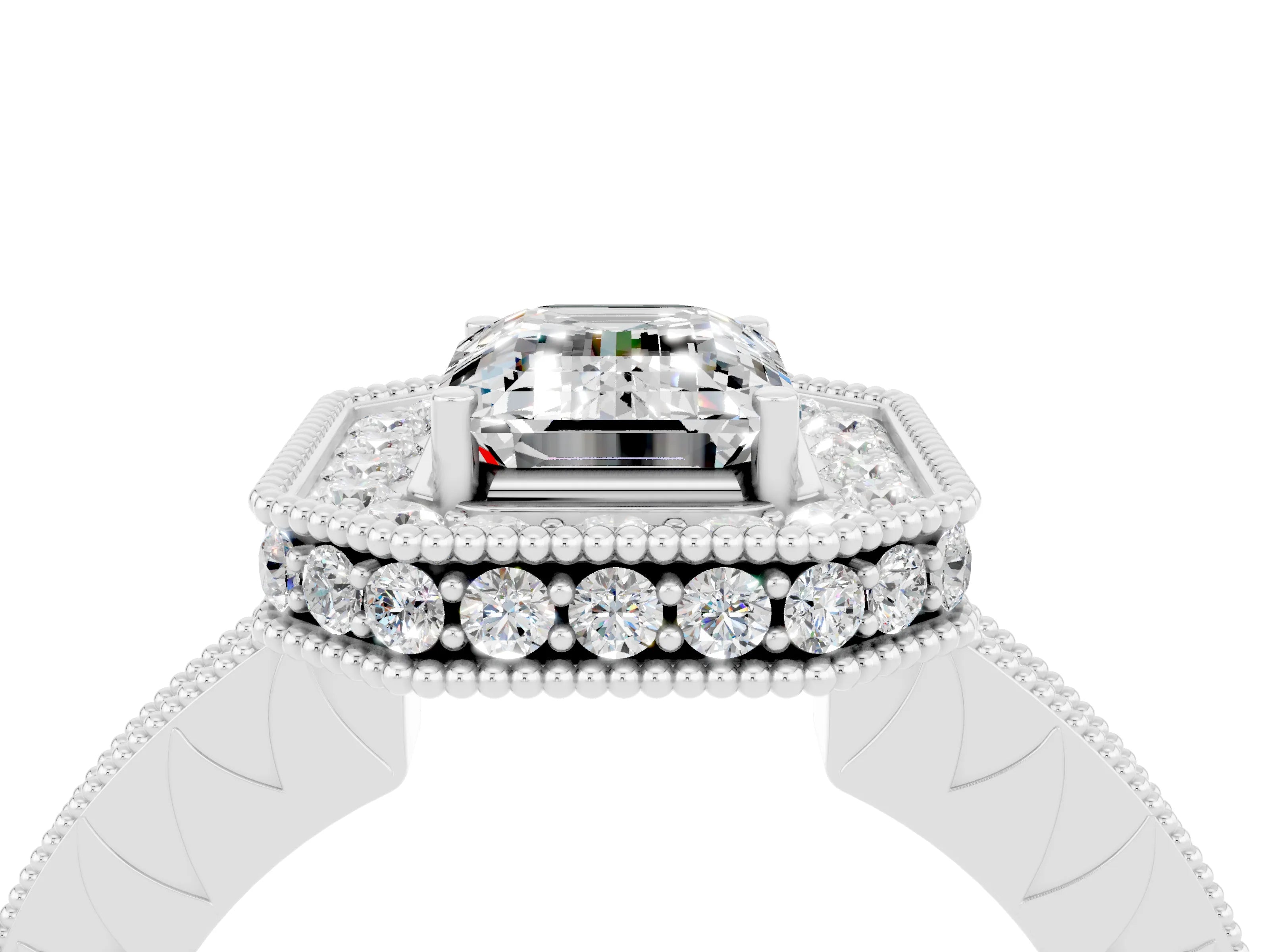 White gold Emerald Cut Halo Diamond Engagement Ring with Milgrain Pave Band and Four-Prong Setting_4