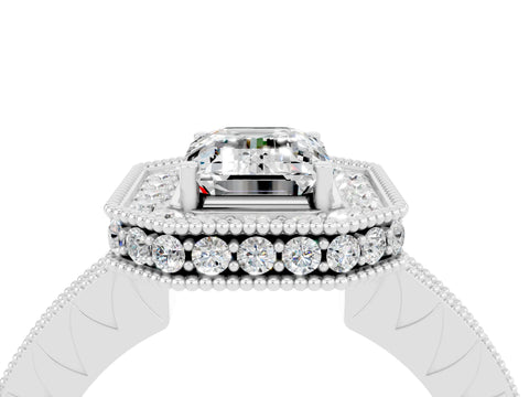 White gold Emerald Cut Halo Diamond Engagement Ring with Milgrain Pave Band and Four-Prong Setting_4