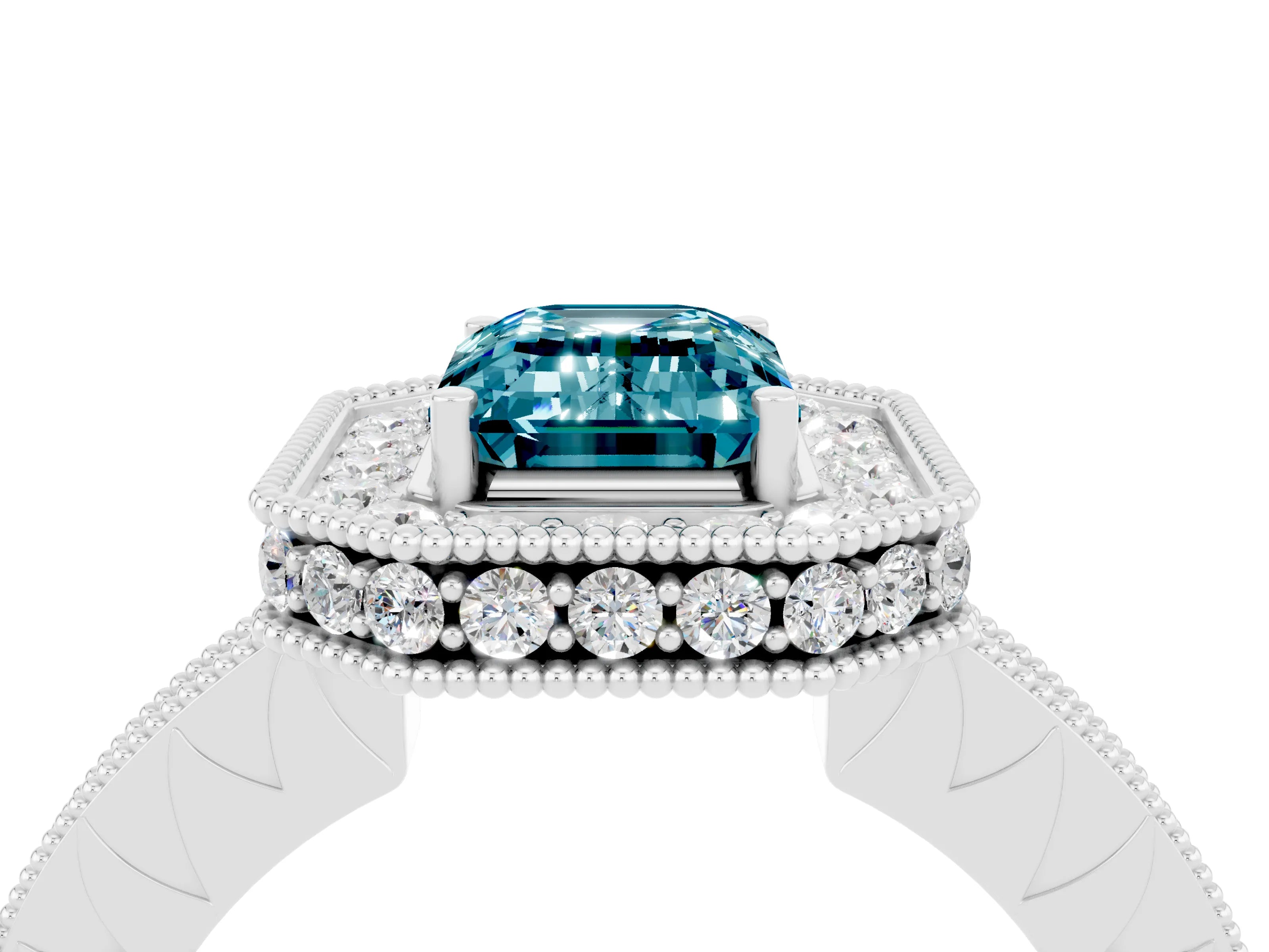 White gold Emerald Cut Halo Diamond Engagement Ring with Milgrain Pave Band and Four-Prong Setting_4