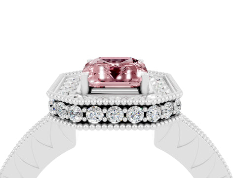 White gold Emerald Cut Halo Diamond Engagement Ring with Milgrain Pave Band and Four-Prong Setting_4