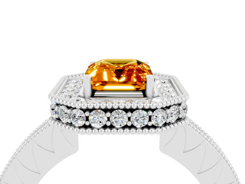 White gold Emerald Cut Halo Diamond Engagement Ring with Milgrain Pave Band and Four-Prong Setting_4