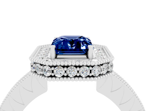 White gold Emerald Cut Halo Diamond Engagement Ring with Milgrain Pave Band and Four-Prong Setting_4