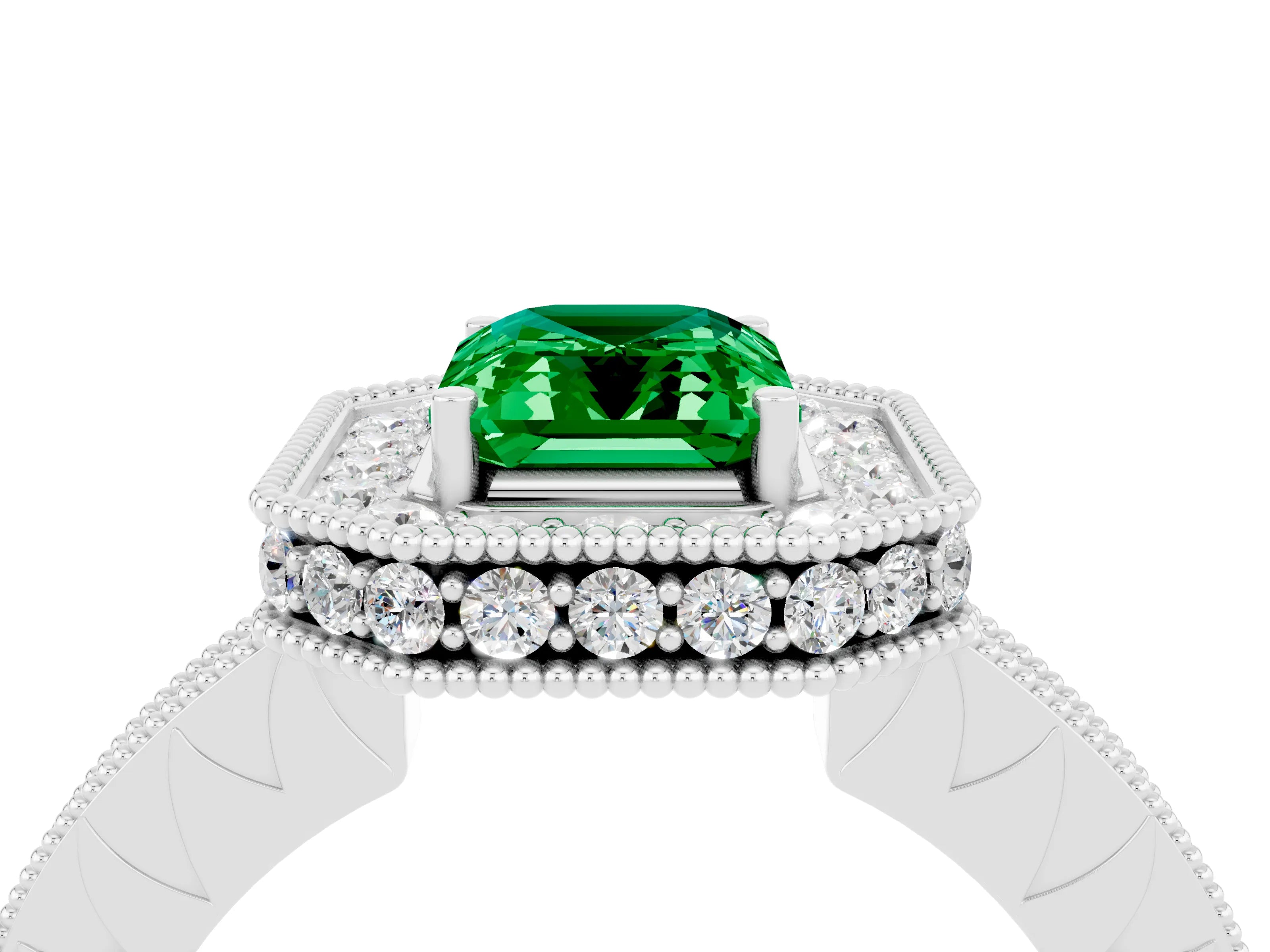 White gold Emerald Cut Halo Diamond Engagement Ring with Milgrain Pave Band and Four-Prong Setting_4