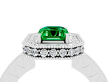 White gold Emerald Cut Halo Diamond Engagement Ring with Milgrain Pave Band and Four-Prong Setting_4