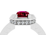 White gold Emerald Cut Halo Diamond Engagement Ring with Milgrain Pave Band and Four-Prong Setting_4