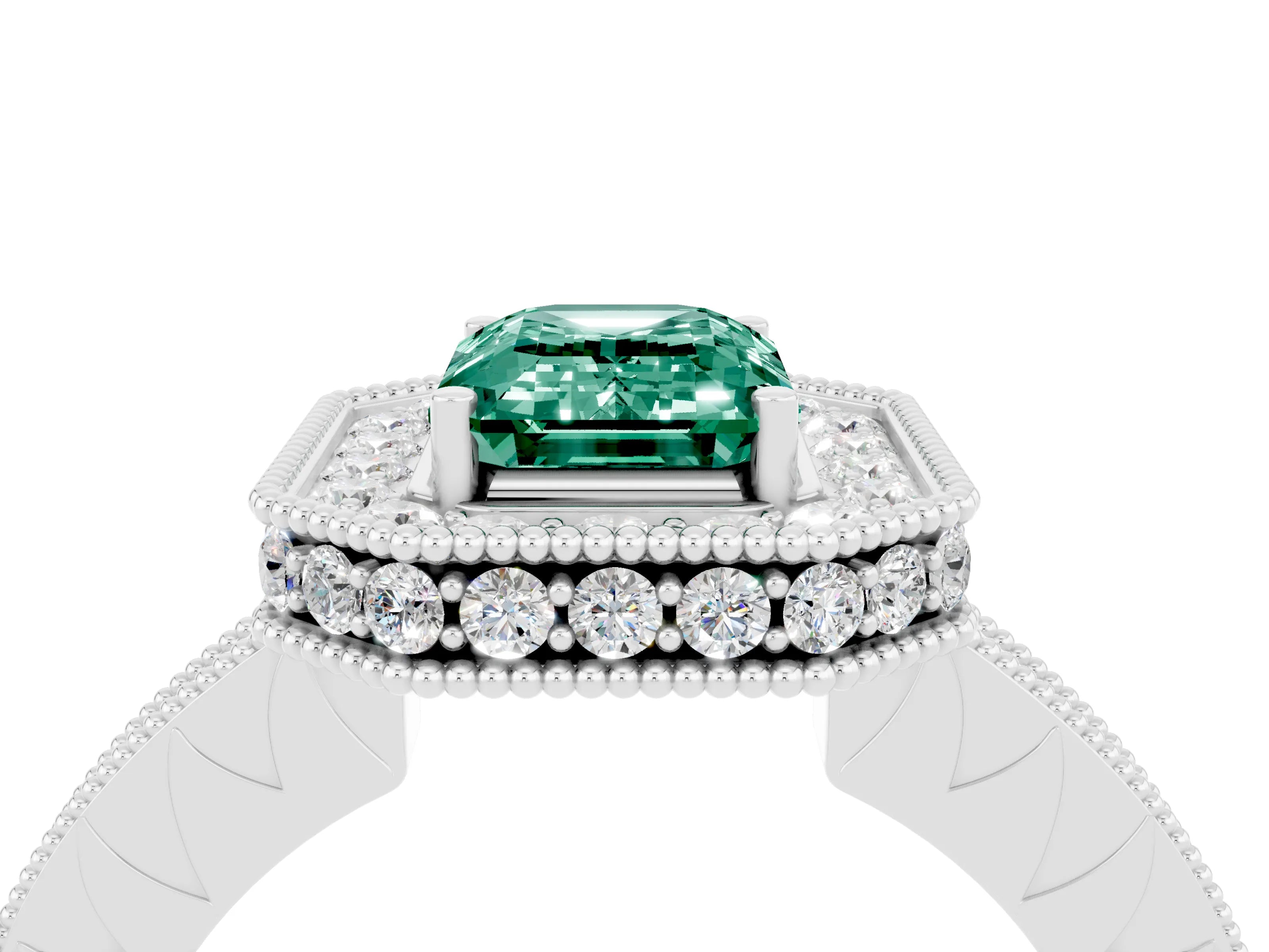 White gold Emerald Cut Halo Diamond Engagement Ring with Milgrain Pave Band and Four-Prong Setting_4