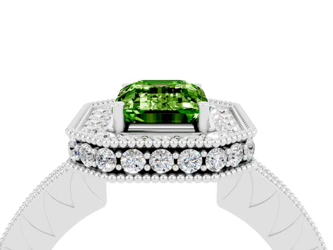 White gold Emerald Cut Halo Diamond Engagement Ring with Milgrain Pave Band and Four-Prong Setting_4