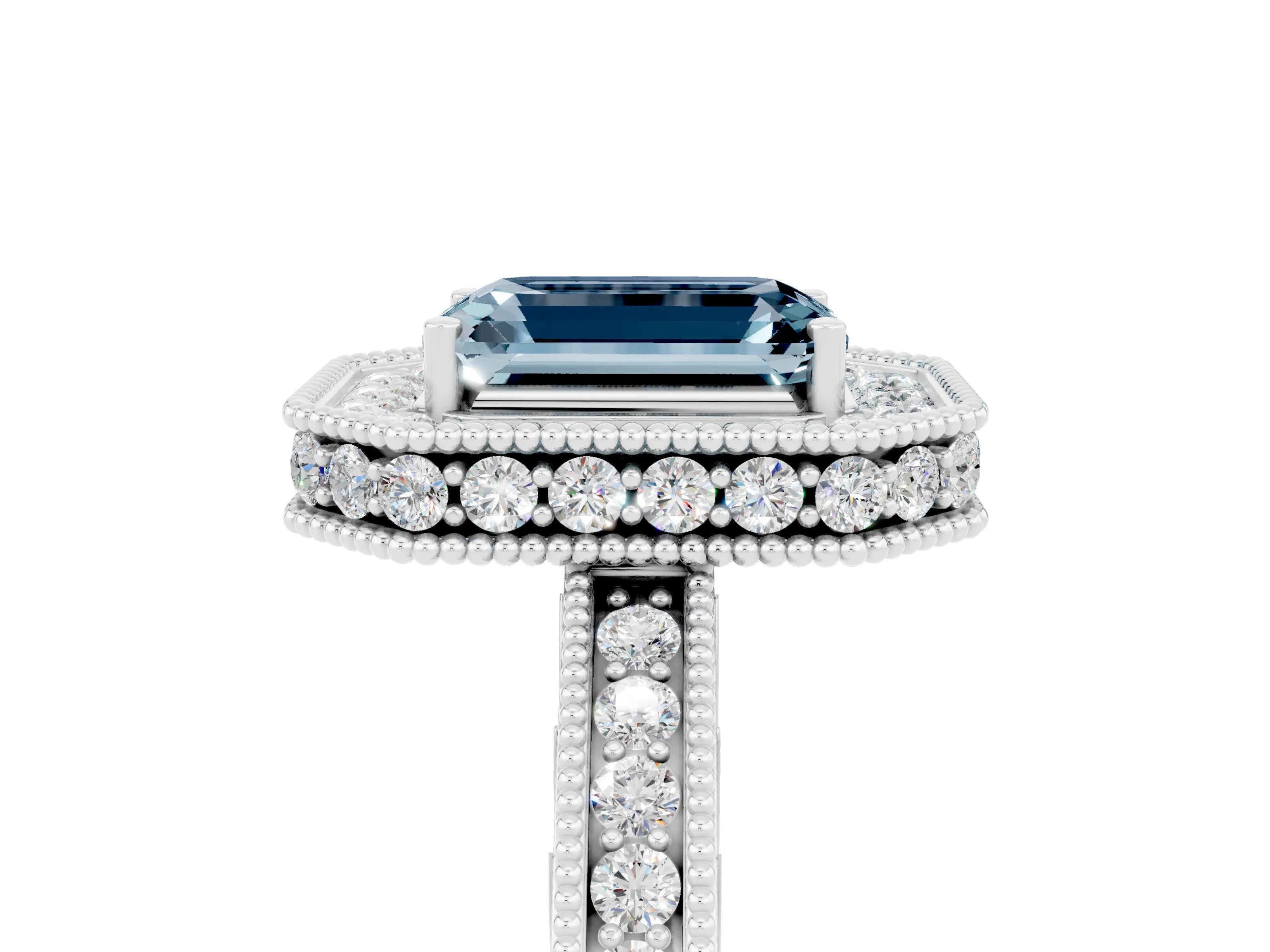 White gold Emerald Cut Halo Diamond Engagement Ring with Milgrain Pave Band and Four-Prong Setting_5