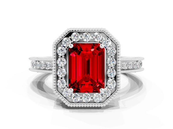 Platinum Emerald Cut Halo Diamond Engagement Ring with Milgrain Pave Band and Four-Prong Setting