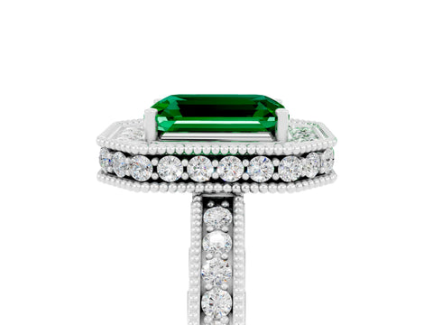 White gold Emerald Cut Halo Diamond Engagement Ring with Milgrain Pave Band and Four-Prong Setting_5